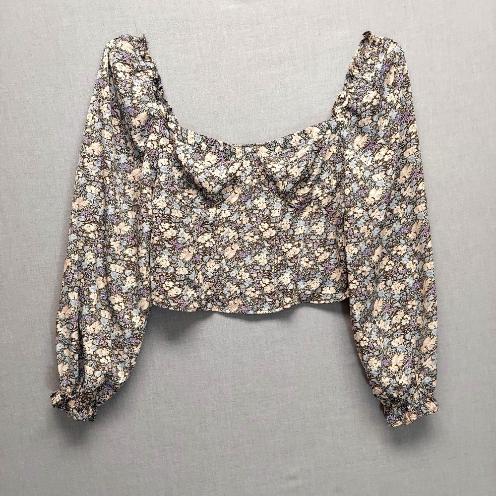 ASTR Floral Corset Crop Top XL Smocked Milkmaid Cottagecore Puff Sleeve Coquette